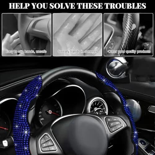 BWBWND Blue 2 PCS Steering Wheel Cover with Crystal Rhinestones | Fits 14-15.6 Inch Diameter Wheels thumbnail 6