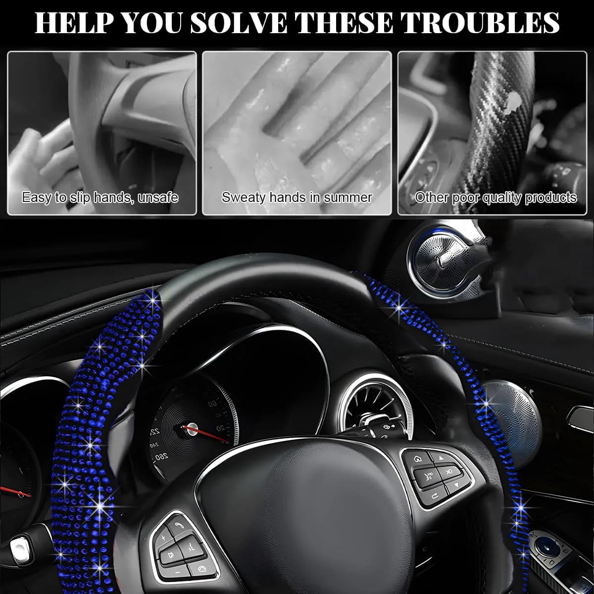 BWBWND Blue 2 PCS Steering Wheel Cover with Crystal Rhinestones | Fits 14-15.6 Inch Diameter Wheels - view 6
