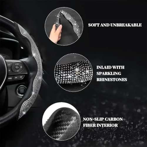 BWBWND White 2-Piece Segmented Steering Wheel Cover with Crystal Rhinestones | Fits 14-15.6 Inch Wheels thumbnail 4