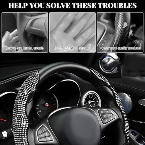 BWBWND White 2-Piece Segmented Steering Wheel Cover with Crystal Rhinestones | Fits 14-15.6 Inch Wheels thumbnail 6