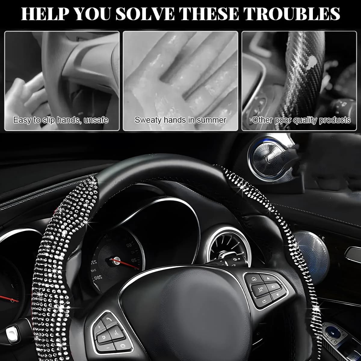 BWBWND White 2-Piece Segmented Steering Wheel Cover with Crystal Rhinestones | Fits 14-15.6 Inch Wheels - view 6