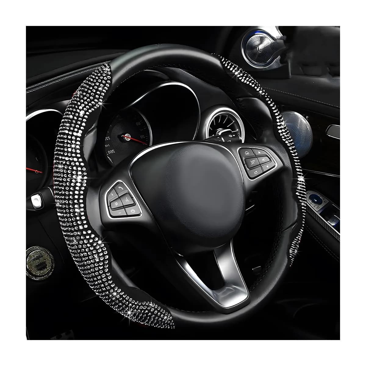 BWBWND White 2-Piece Segmented Steering Wheel Cover with Crystal Rhinestones | Fits 14-15.6 Inch Wheels - main product image