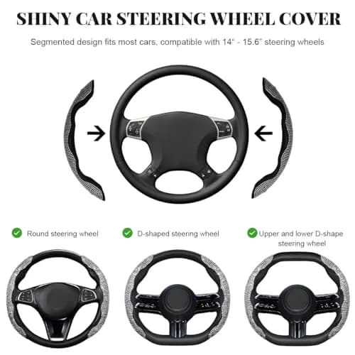 BWBWND White 2-Piece Segmented Steering Wheel Cover with Crystal Rhinestones | Fits 14-15.6 Inch Wheels thumbnail 2