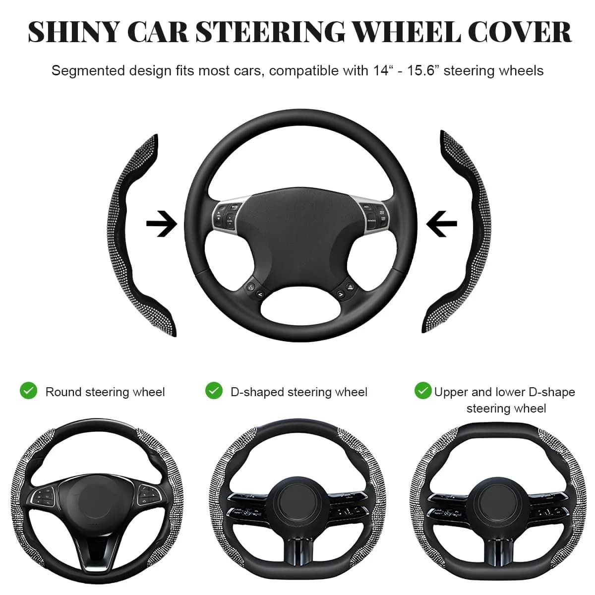 BWBWND White 2-Piece Segmented Steering Wheel Cover with Crystal Rhinestones | Fits 14-15.6 Inch Wheels - view 2