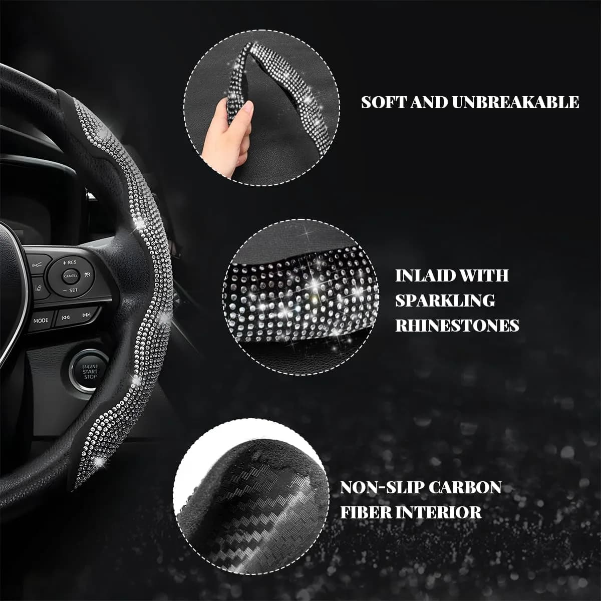BWBWND Segmented Steering Wheel Cover with Crystal Rhinestones, 2-Pack Black 35.5 cm (14 to 15.6 inches) | Sparkly Non-Slip Car Accessory - view 4