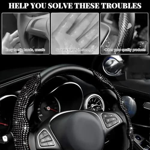 BWBWND Segmented Steering Wheel Cover with Crystal Rhinestones, 2-Pack Black 35.5 cm (14 to 15.6 inches) | Sparkly Non-Slip Car Accessory thumbnail 6