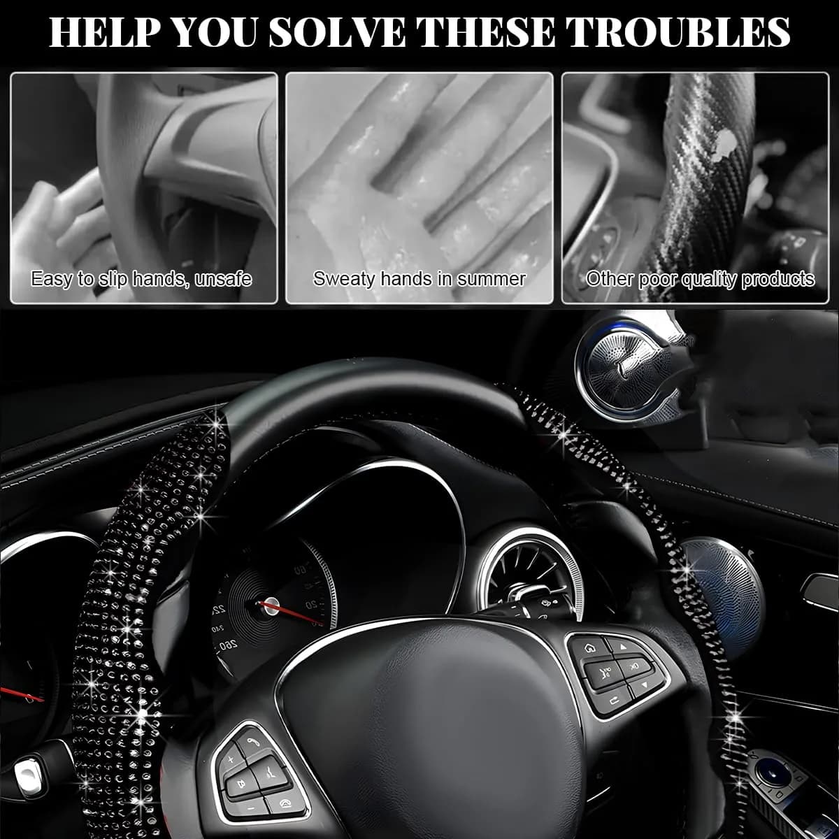BWBWND Segmented Steering Wheel Cover with Crystal Rhinestones, 2-Pack Black 35.5 cm (14 to 15.6 inches) | Sparkly Non-Slip Car Accessory - view 6