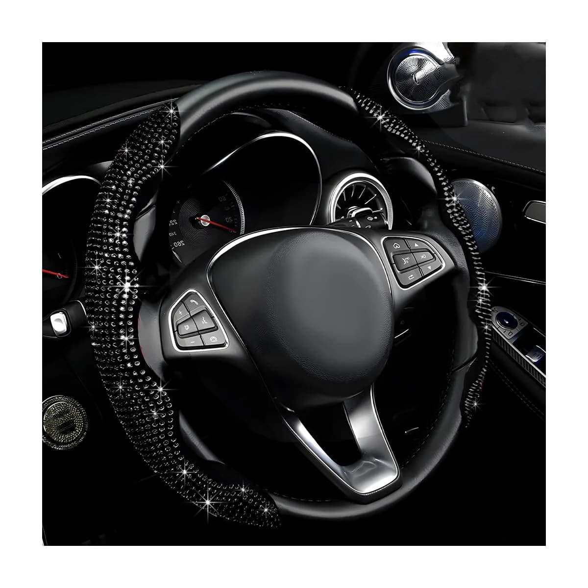 BWBWND Segmented Steering Wheel Cover with Crystal Rhinestones, 2-Pack Black 35.5 cm (14 to 15.6 inches) | Sparkly Non-Slip Car Accessory - main product image