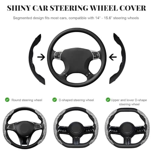 BWBWND Segmented Steering Wheel Cover with Crystal Rhinestones, 2-Pack Black 35.5 cm (14 to 15.6 inches) | Sparkly Non-Slip Car Accessory thumbnail 2