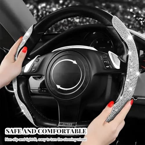 BWBWND Segmented Steering Wheel Cover with Crystal Rhinestones, 2-Pack Black 35.5 cm (14 to 15.6 inches) | Sparkly Non-Slip Car Accessory thumbnail 3