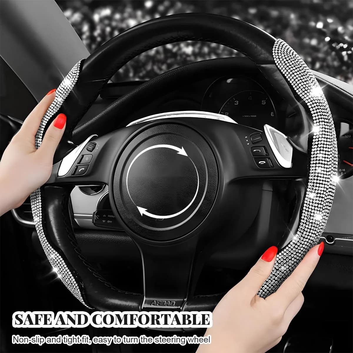 BWBWND Segmented Steering Wheel Cover with Crystal Rhinestones, 2-Pack Black 35.5 cm (14 to 15.6 inches) | Sparkly Non-Slip Car Accessory - view 3
