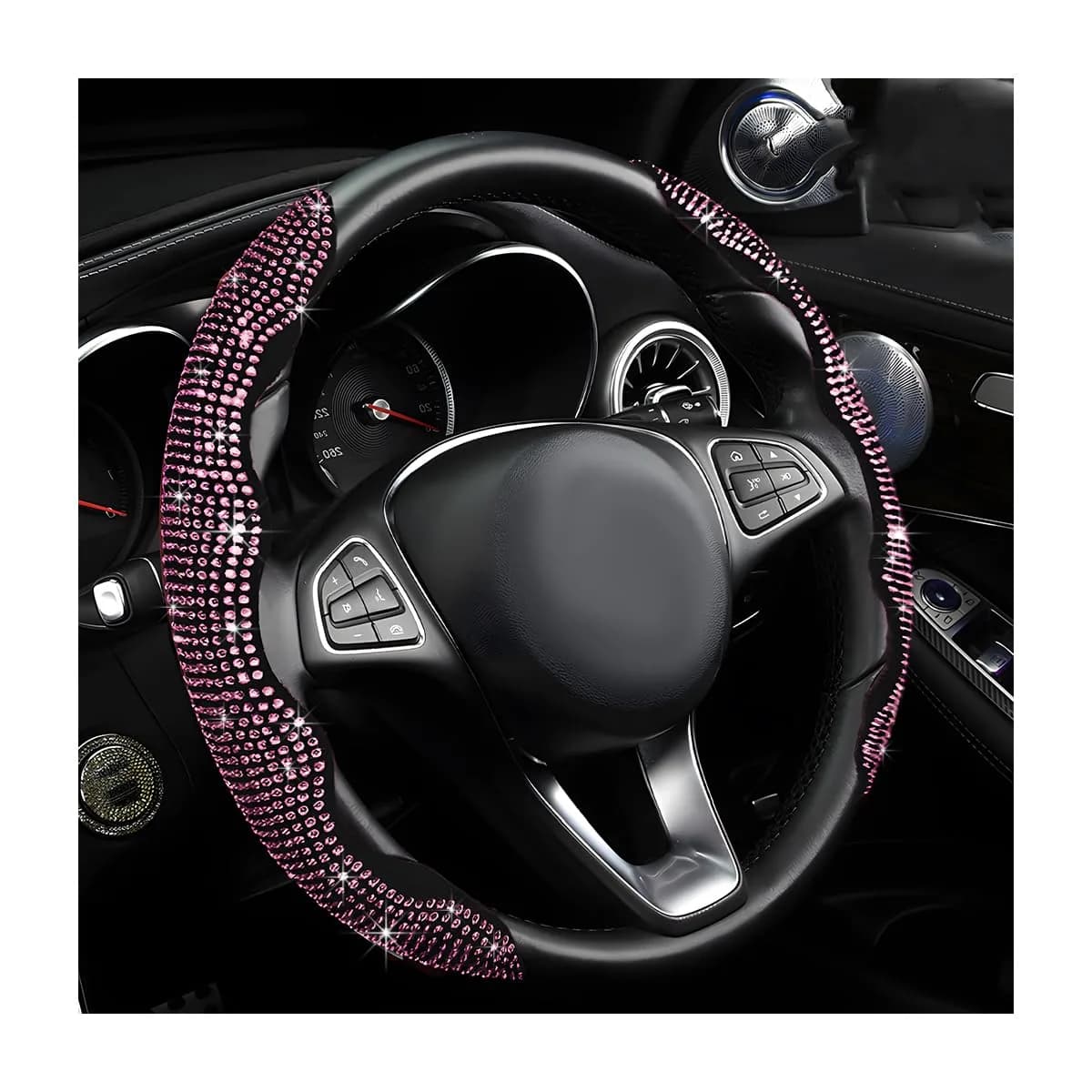 BWBWND Segmented Steering Wheel Cover with Crystal Rhinestones, 2-Pack Black 35.5 cm (14 to 15.6 inches) | Sparkly Non-Slip Car Accessory — Pink