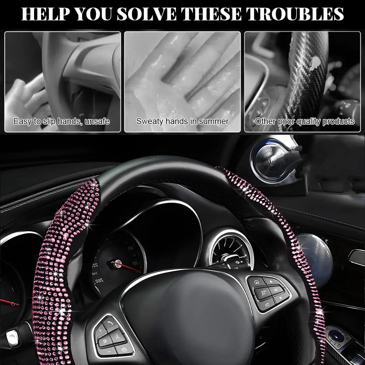 BWBWND Pink 2 PCS Steering Wheel Cover with Crystal Rhinestones | Universal Fit for 14-15.6 Inch Wheels - view 6