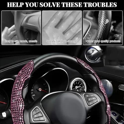 BWBWND Pink 2 PCS Steering Wheel Cover with Crystal Rhinestones | Universal Fit for 14-15.6 Inch Wheels thumbnail 6