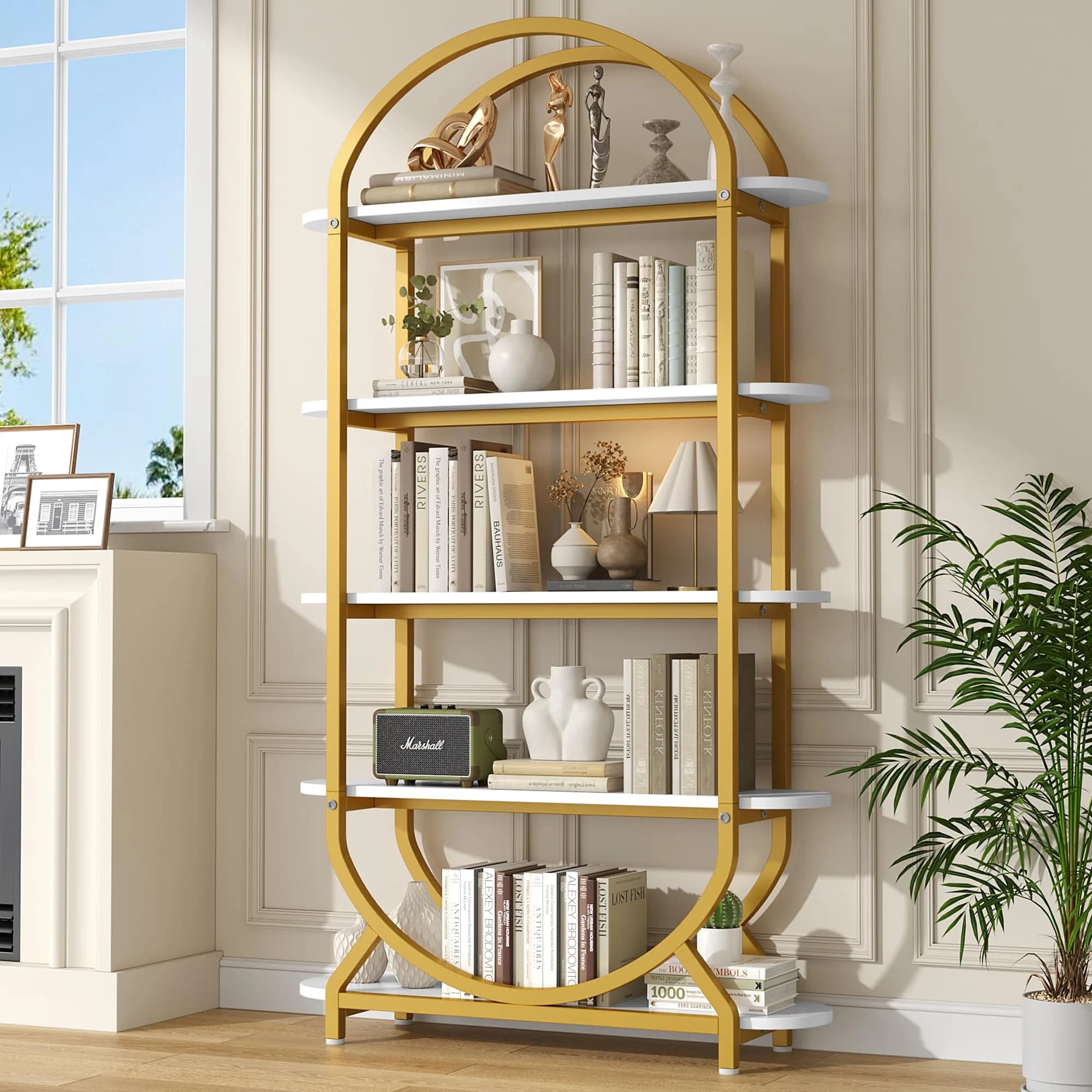 Semoic Tall Bookshelf Arched Bookcase 5-Tier | Industrial Modern Open Display Shelf for Living Room & Home Office