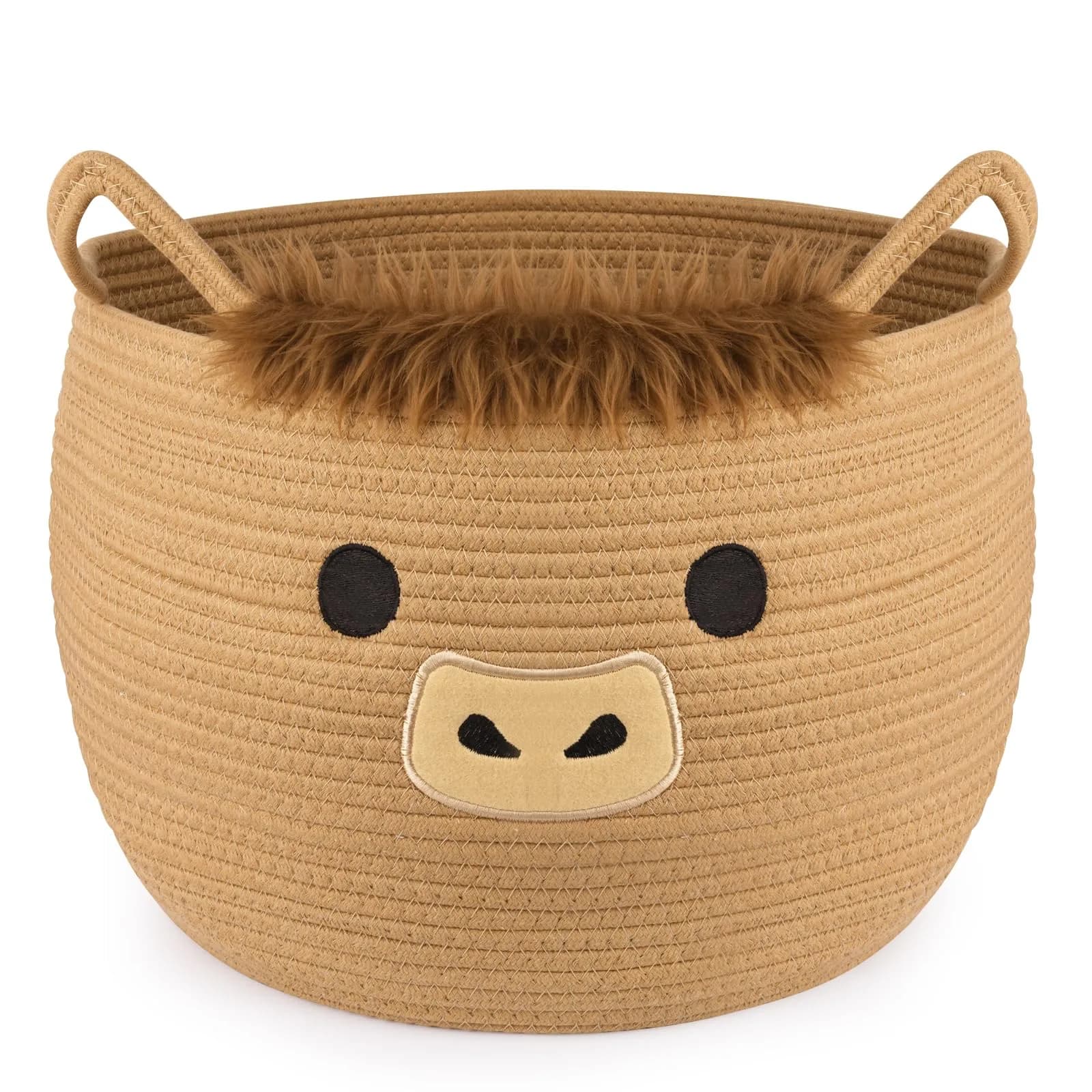 Hkojewp Highland Cow Basket for Nursery, Large Blanket Gift Basket | Woven Cotton Storage Basket with Handles (13"D × 12"H) — Brown