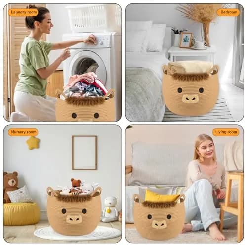 Hkojewp Highland Cow Basket for Nursery, Large Blanket Gift Basket | Woven Cotton Storage Basket with Handles (13"D × 12"H) thumbnail 4