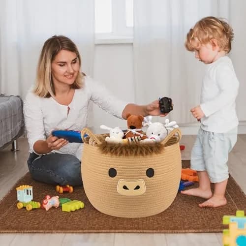 Hkojewp Highland Cow Basket for Nursery, Large Blanket Gift Basket | Woven Cotton Storage Basket with Handles (13"D × 12"H) thumbnail 5