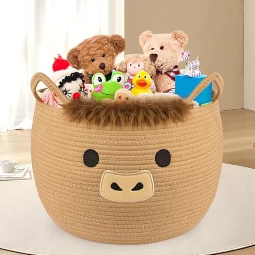 Hkojewp Highland Cow Basket for Nursery, Large Blanket Gift Basket | Woven Cotton Storage Basket with Handles (13"D × 12"H) thumbnail 6