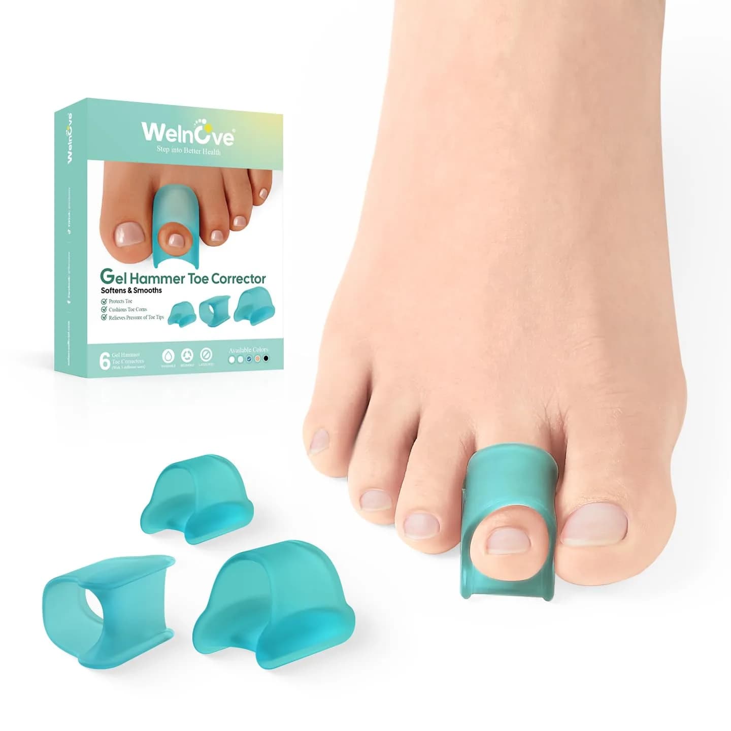 Welnove Hammertoe Corrector - 6 Pack Toe Splints - Soft Gel Toe Straighteners - Realign Bent, Curled, Crooked, Claw, Hammer Toes (Red) — Blue