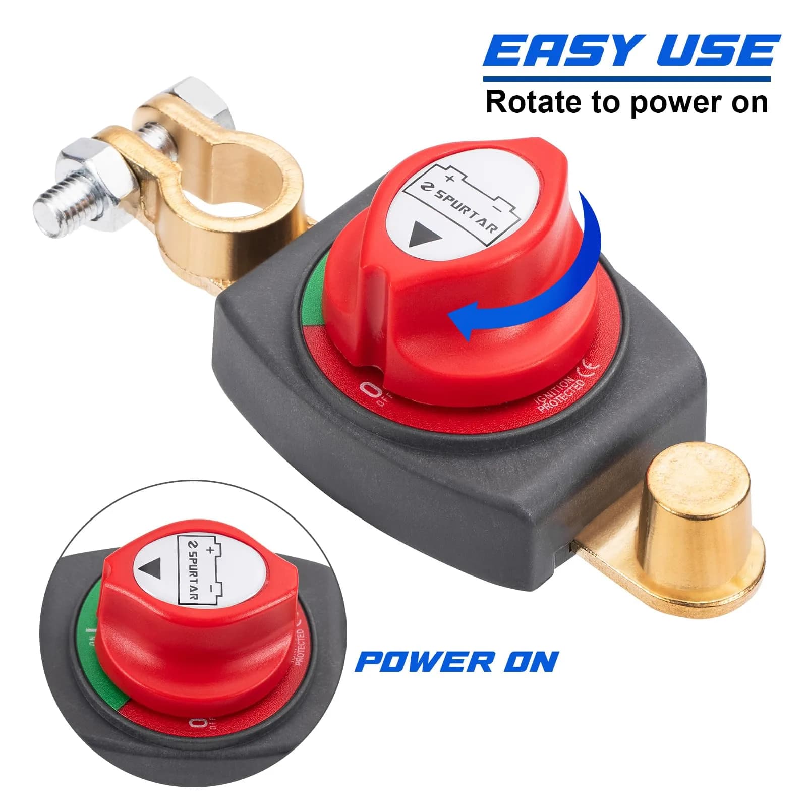 Spurtar Red 125A Continuous Rotary Top Post Battery Disconnect Switch for Cars, Boats, RVs - view 3