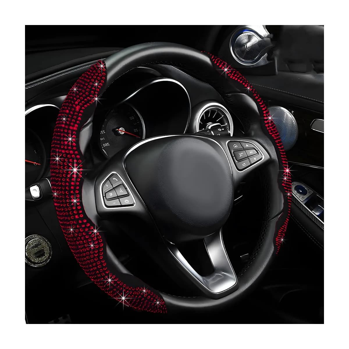 BWBWND 2 PCS Steering Wheel Cover with Rhinestones | Sparkly Non-Slip Car Accessory (14-15.6 inch) — Red