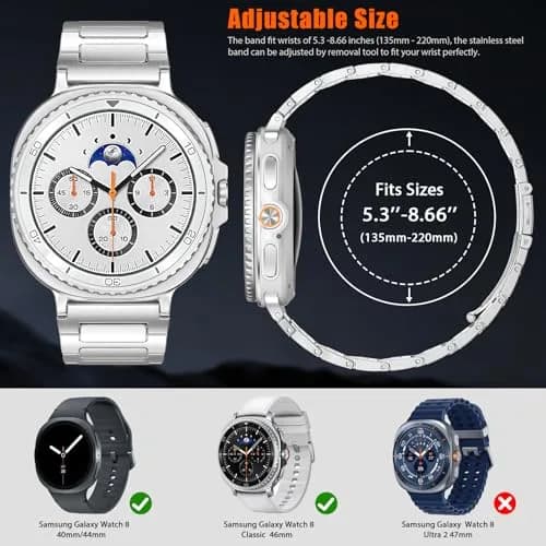 KOREDA Metal Band for Samsung Galaxy Watch 8 Classic 46mm & Galaxy Watch 8 40mm/44mm, Silver Stainless Steel (160mm-230mm Wrist) thumbnail 4