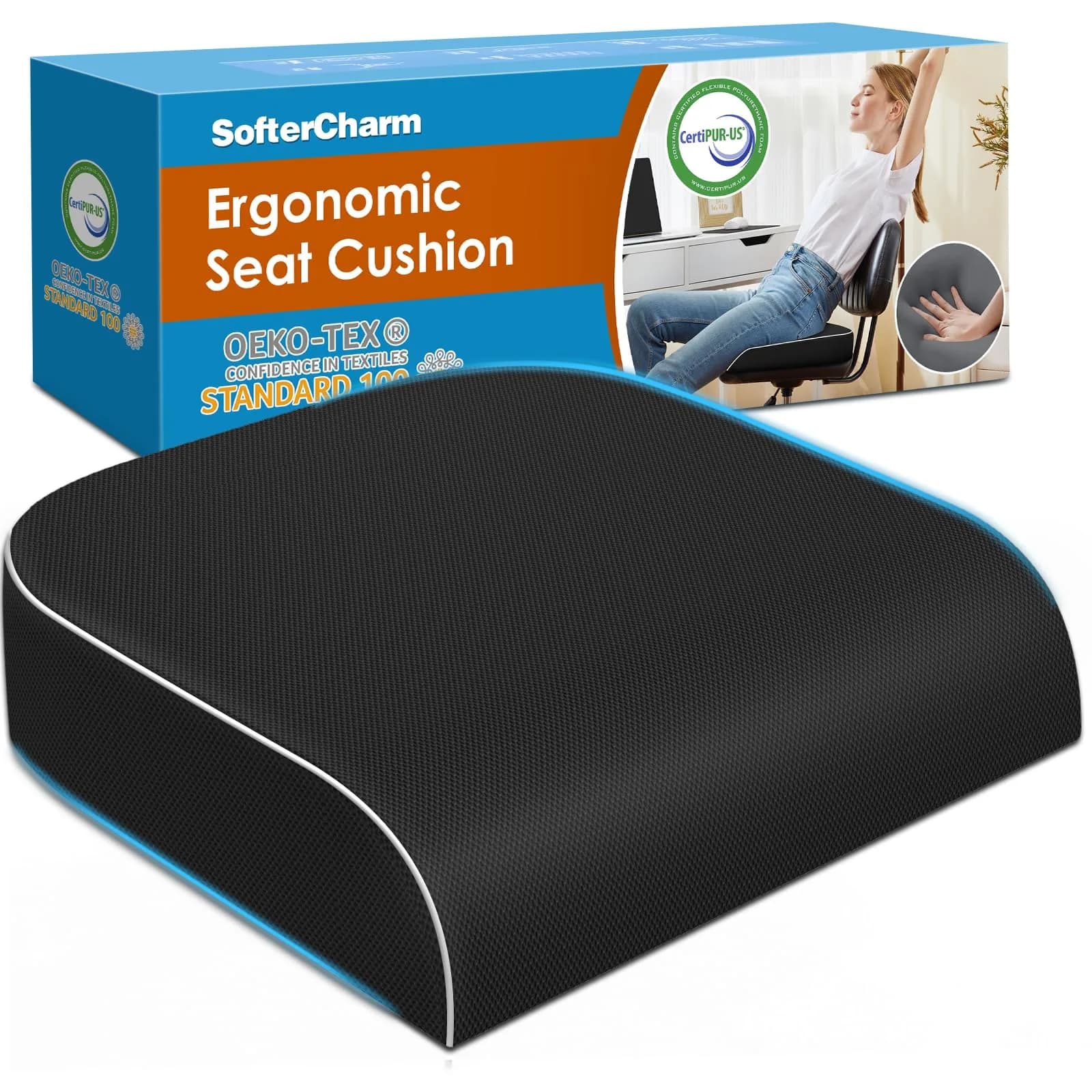 SofterCharm Black Memory Foam Office Chair Cushion | Large, 41cm (16.14")