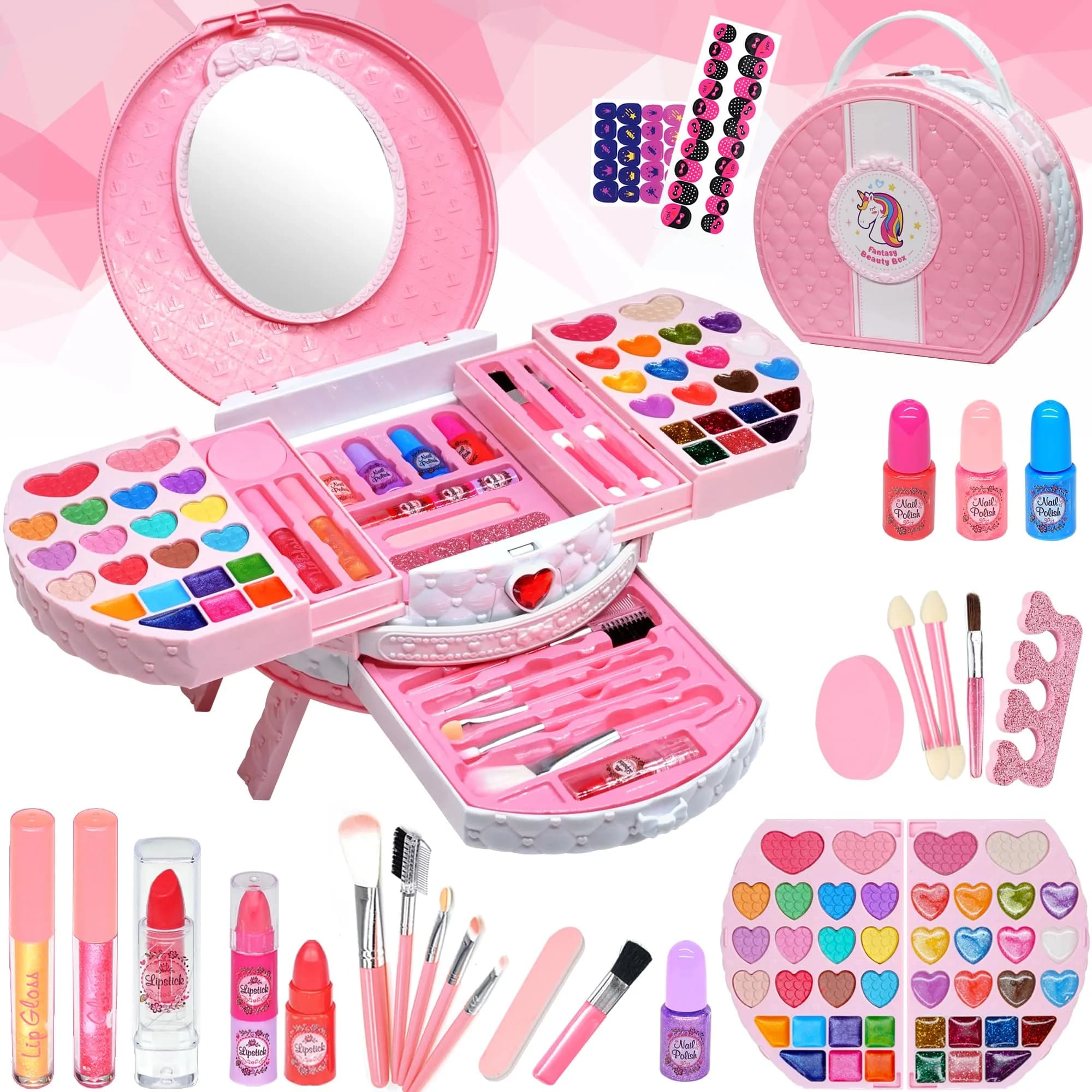 Mrabbitoo Kids Makeup Sets for Girls 5-8, 57 Pcs Play Make Up Kit | Princess Toddler Kid Stuff — kids makeup deep and light pink 66 pcs