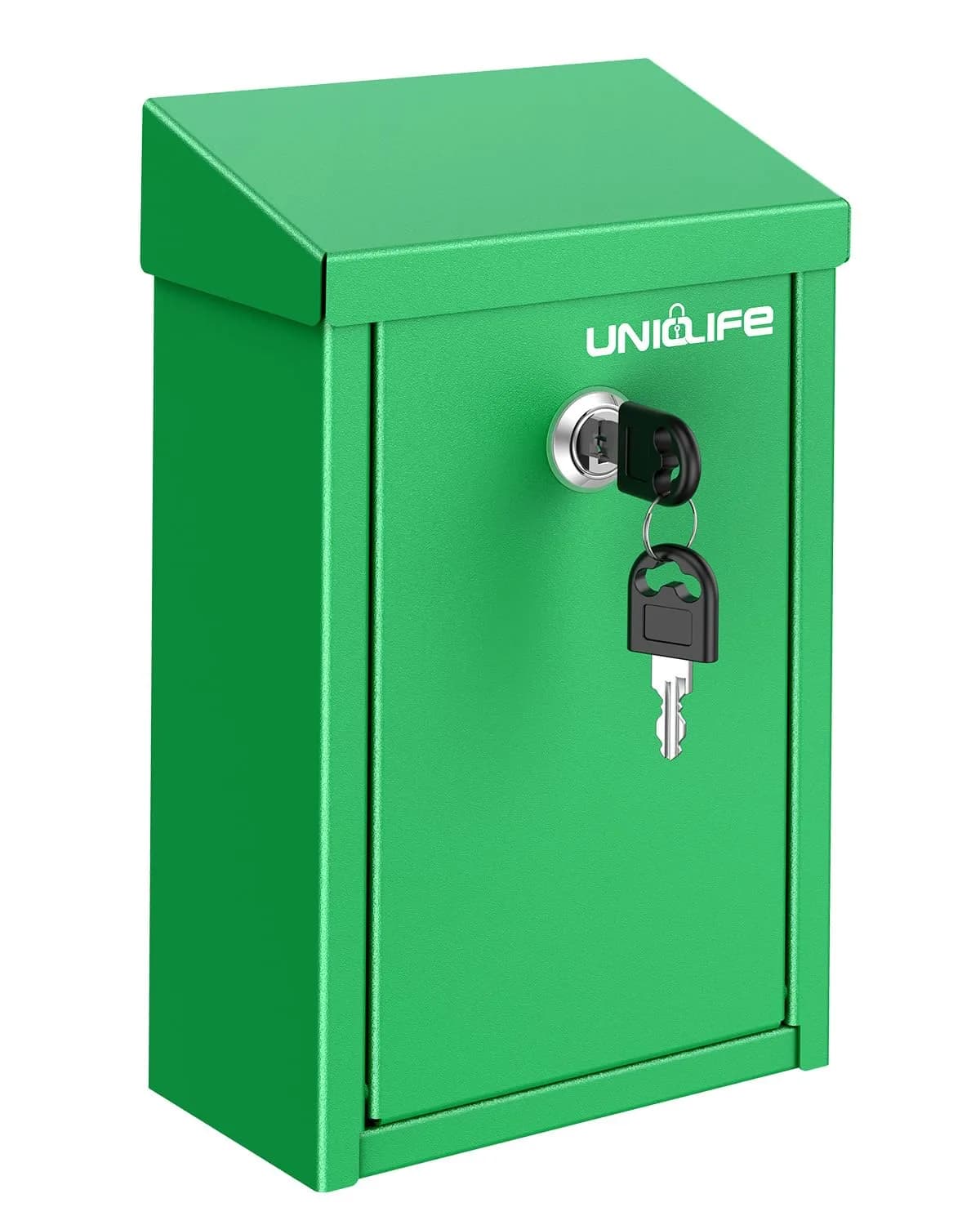 Uniclife Green Metal Donation Box, Wall Mounted Mailbox for Outside 26 cm (9.6 in) | Secure Key Drop Box with Dual Slots - main product image