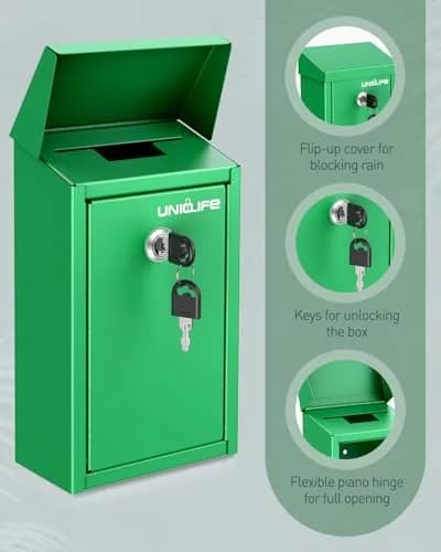 Uniclife Green Metal Donation Box, Wall Mounted Mailbox for Outside 26 cm (9.6 in) | Secure Key Drop Box with Dual Slots thumbnail 4