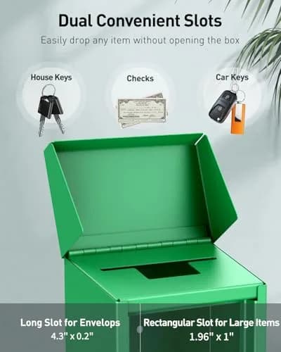 Uniclife Green Metal Donation Box, Wall Mounted Mailbox for Outside 26 cm (9.6 in) | Secure Key Drop Box with Dual Slots thumbnail 2