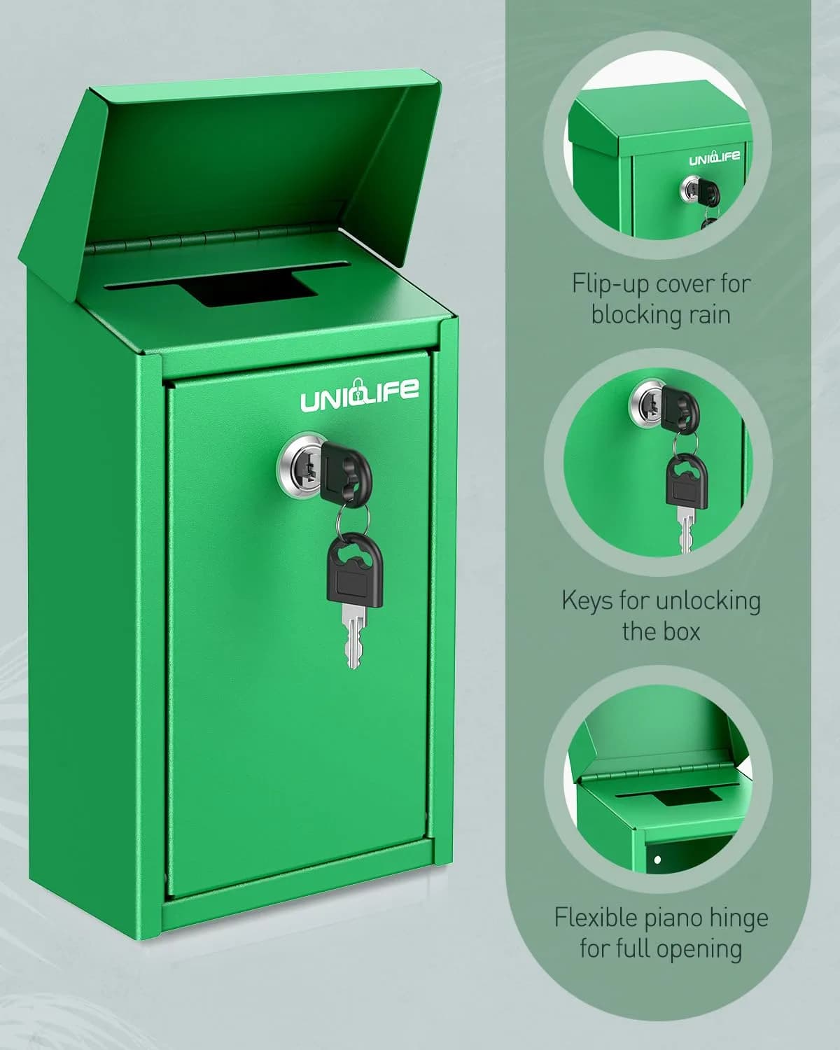 Uniclife Green Metal Donation Box, Wall Mounted Mailbox for Outside 26 cm (9.6 in) | Secure Key Drop Box with Dual Slots - view 4