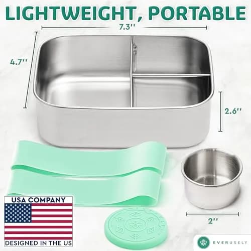 Everusely Stainless Steel Bento Box with Condiment Container - Green, 1.1 L (37oz) | Leakproof Food Storage for Indian Meals thumbnail 7