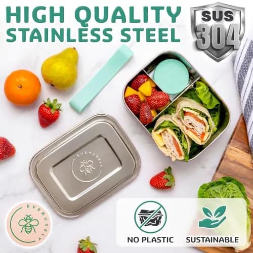 Everusely Stainless Steel Bento Box with Condiment Container - Green, 1.1 L (37oz) | Leakproof Food Storage for Indian Meals thumbnail 8