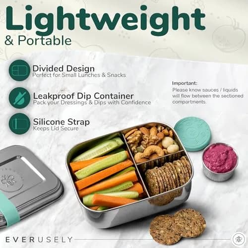 Everusely Stainless Steel Bento Box with Condiment Container - Green, 1.1 L (37oz) | Leakproof Food Storage for Indian Meals thumbnail 2