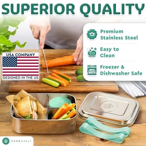Everusely Stainless Steel Bento Box with Condiment Container - Green, 1.1 L (37oz) | Leakproof Food Storage for Indian Meals thumbnail 3