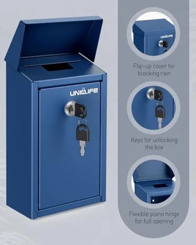 Uniclife Blue Metal Donation Box, Wall Mounted Mailbox for Outside 27.1 cm (9.6") | Secure Key Drop Box with Lock thumbnail 4