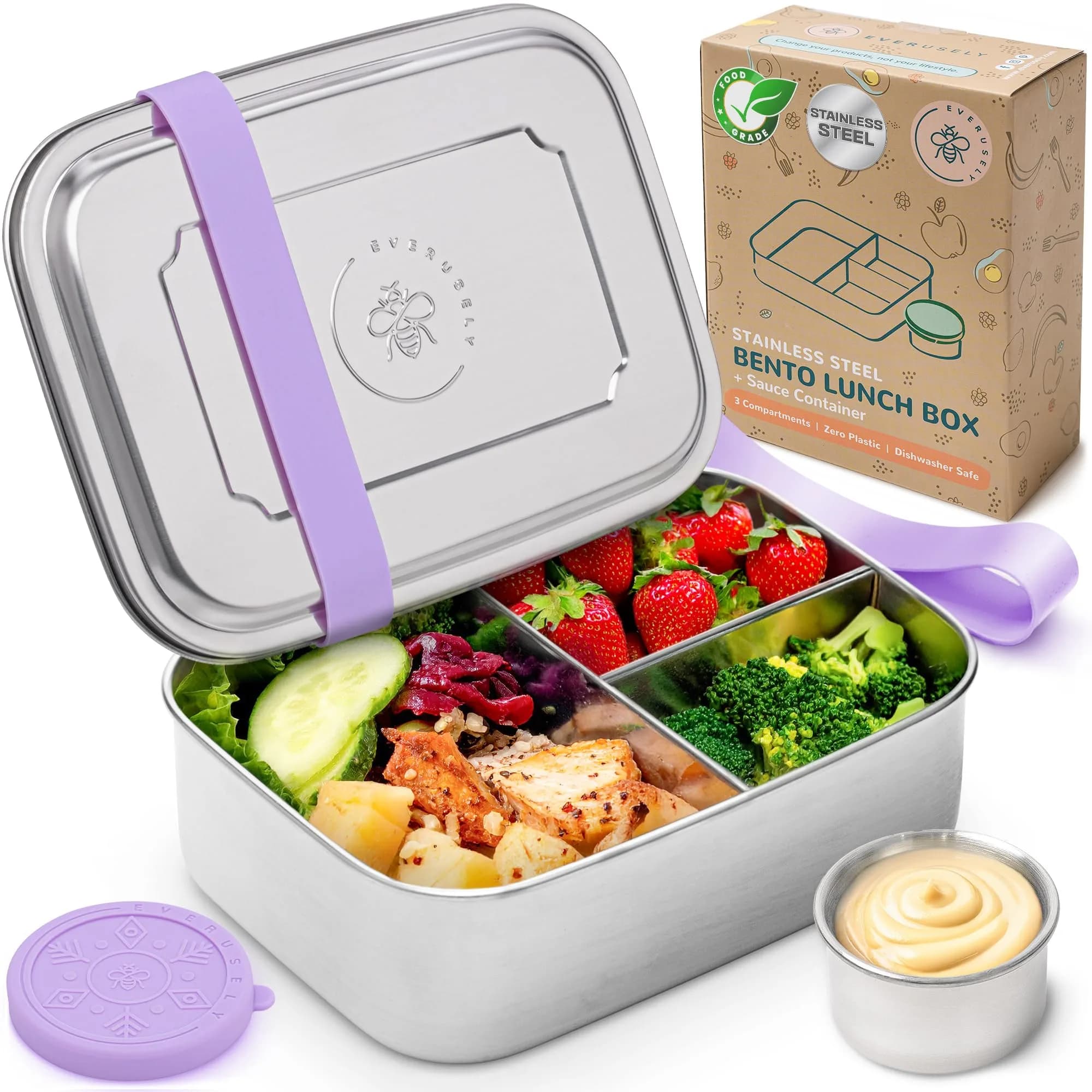 Everseuly Stainless Steel Bento Box with Condiment Container - Lavender, 1.1L (37oz) | Leakproof Compartment Lunch Box for Adults thumbnail 1