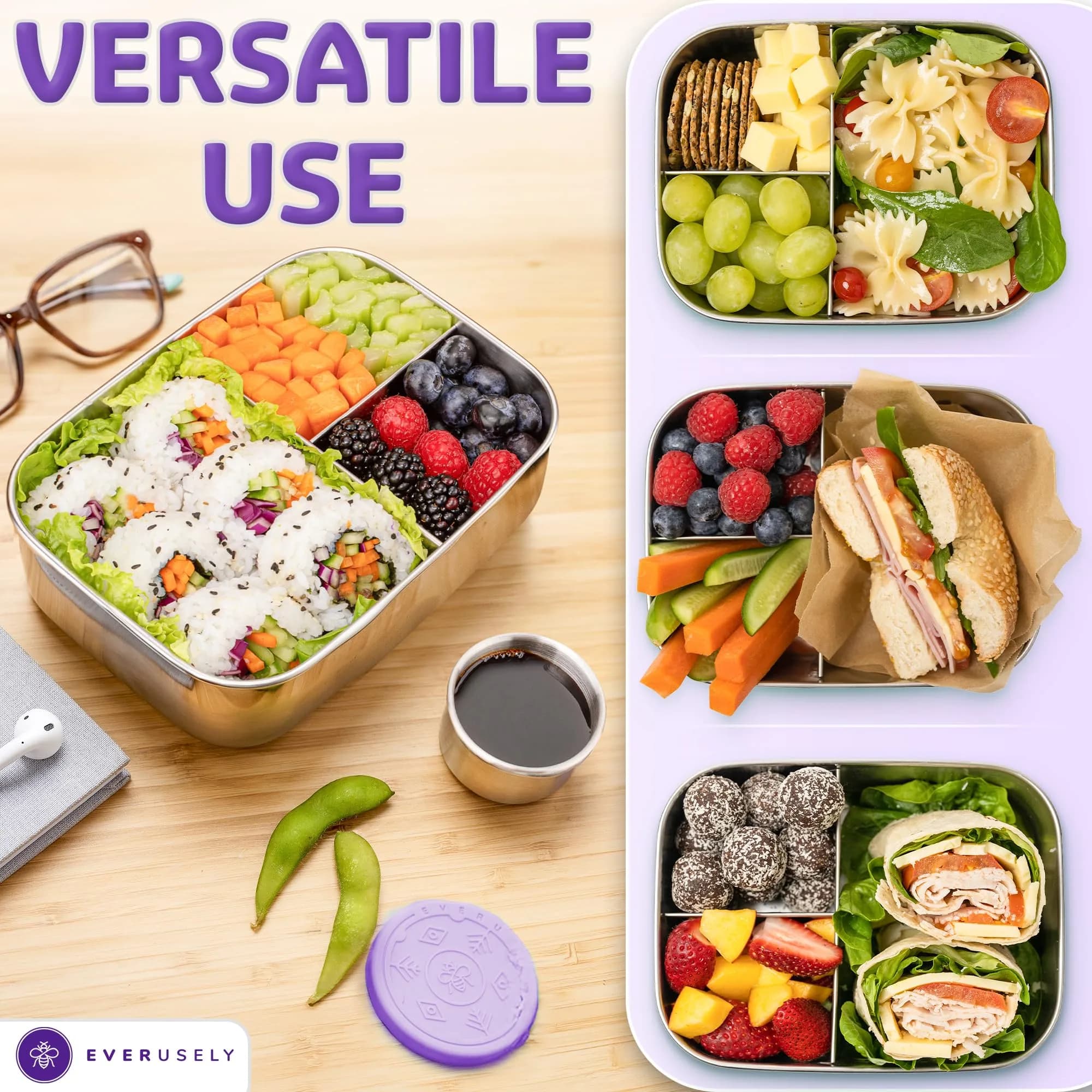 Everseuly Stainless Steel Bento Box with Condiment Container - Lavender, 1.1L (37oz) | Leakproof Compartment Lunch Box for Adults thumbnail 5