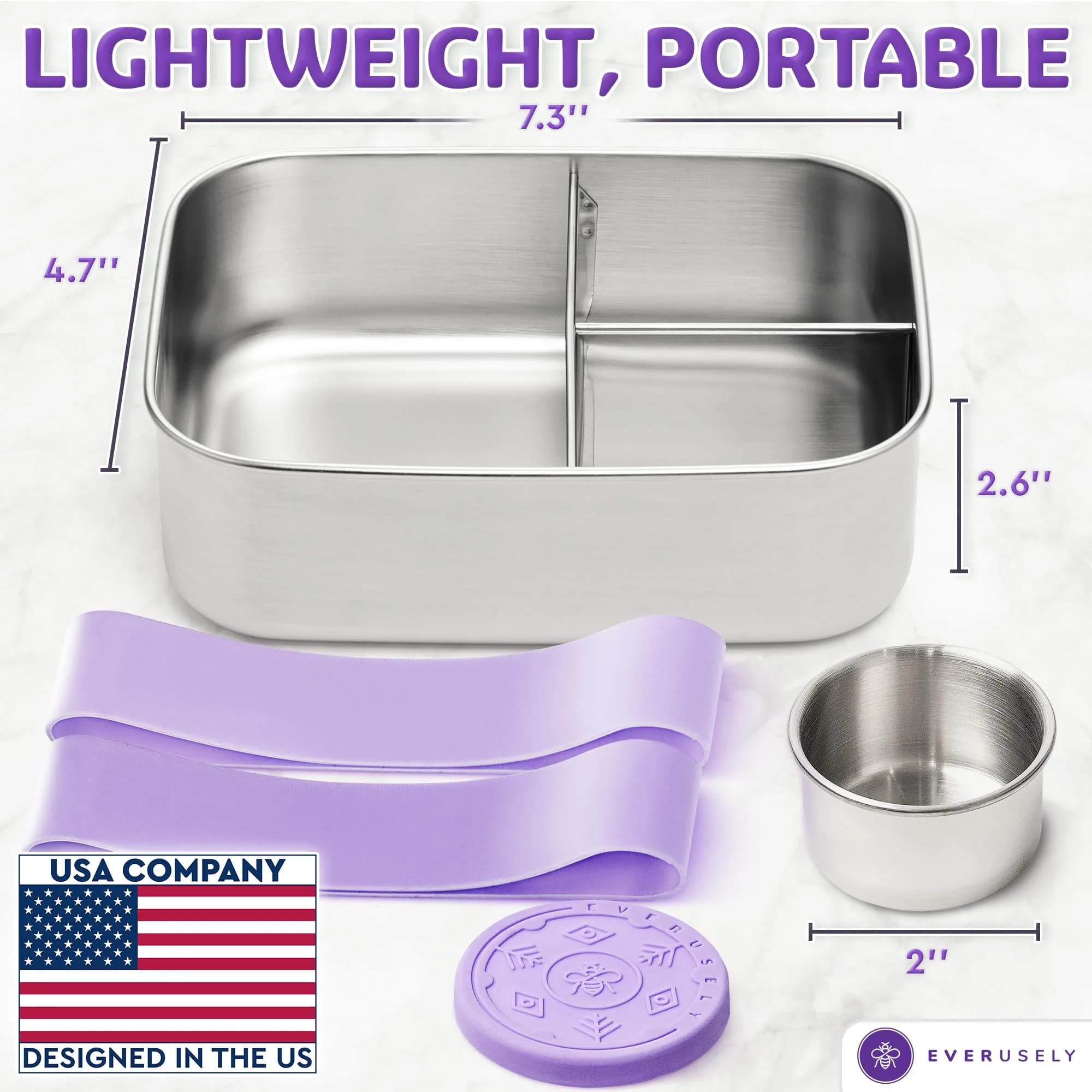 Everseuly Stainless Steel Bento Box with Condiment Container - Lavender, 1.1L (37oz) | Leakproof Compartment Lunch Box for Adults thumbnail 7