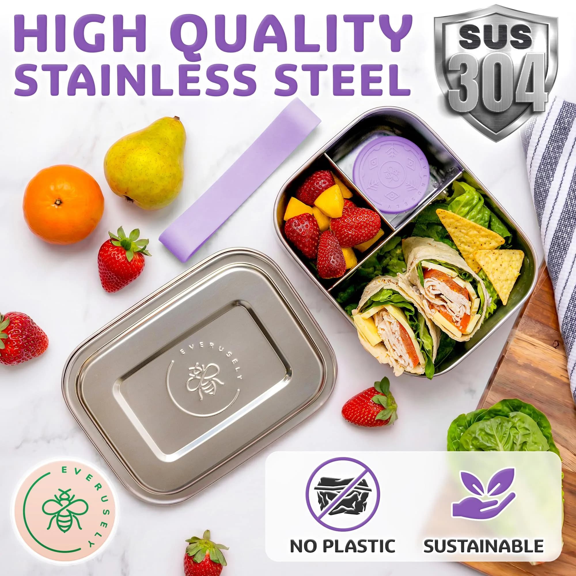 Everseuly Stainless Steel Bento Box with Condiment Container - Lavender, 1.1L (37oz) | Leakproof Compartment Lunch Box for Adults thumbnail 8