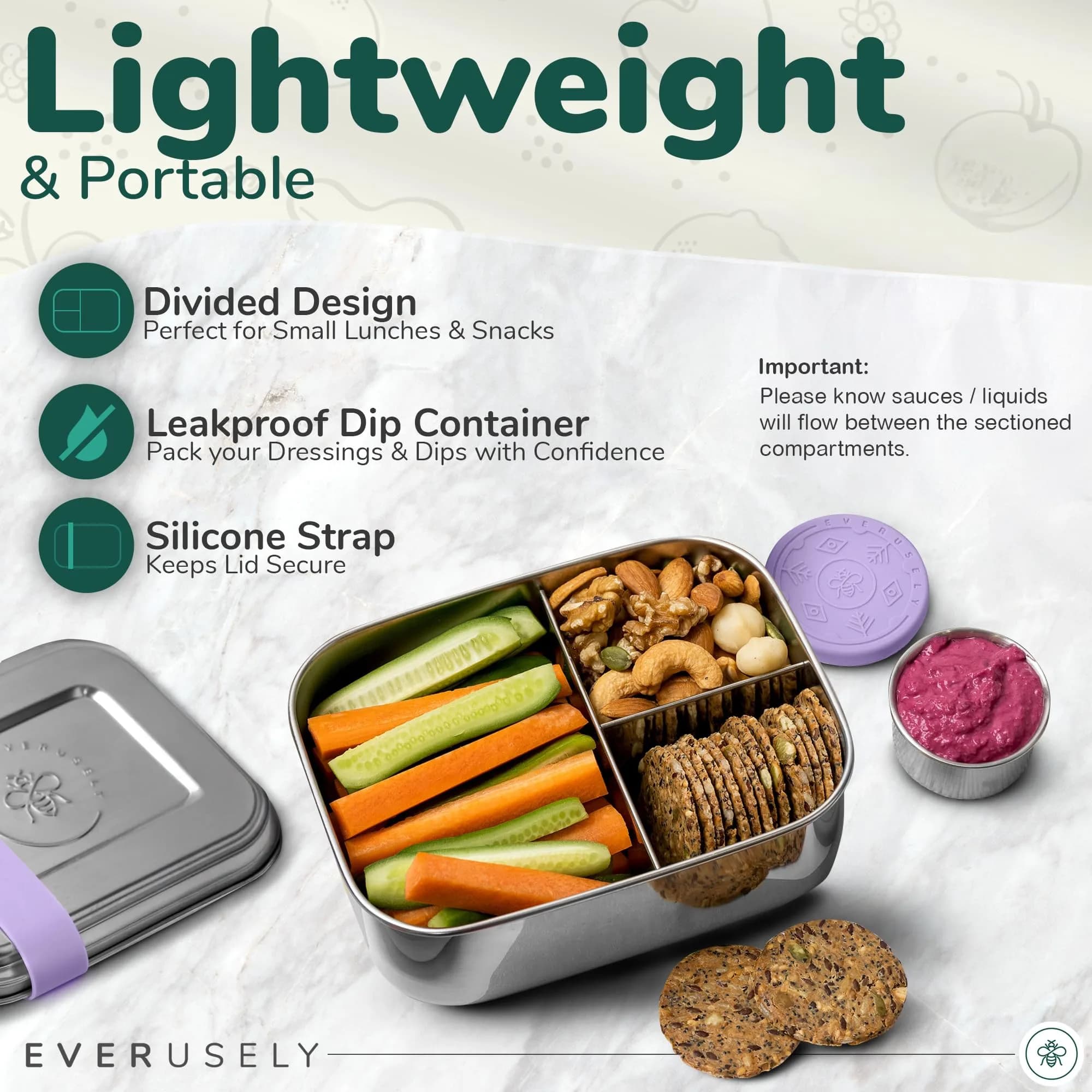 Everseuly Stainless Steel Bento Box with Condiment Container - Lavender, 1.1L (37oz) | Leakproof Compartment Lunch Box for Adults thumbnail 2
