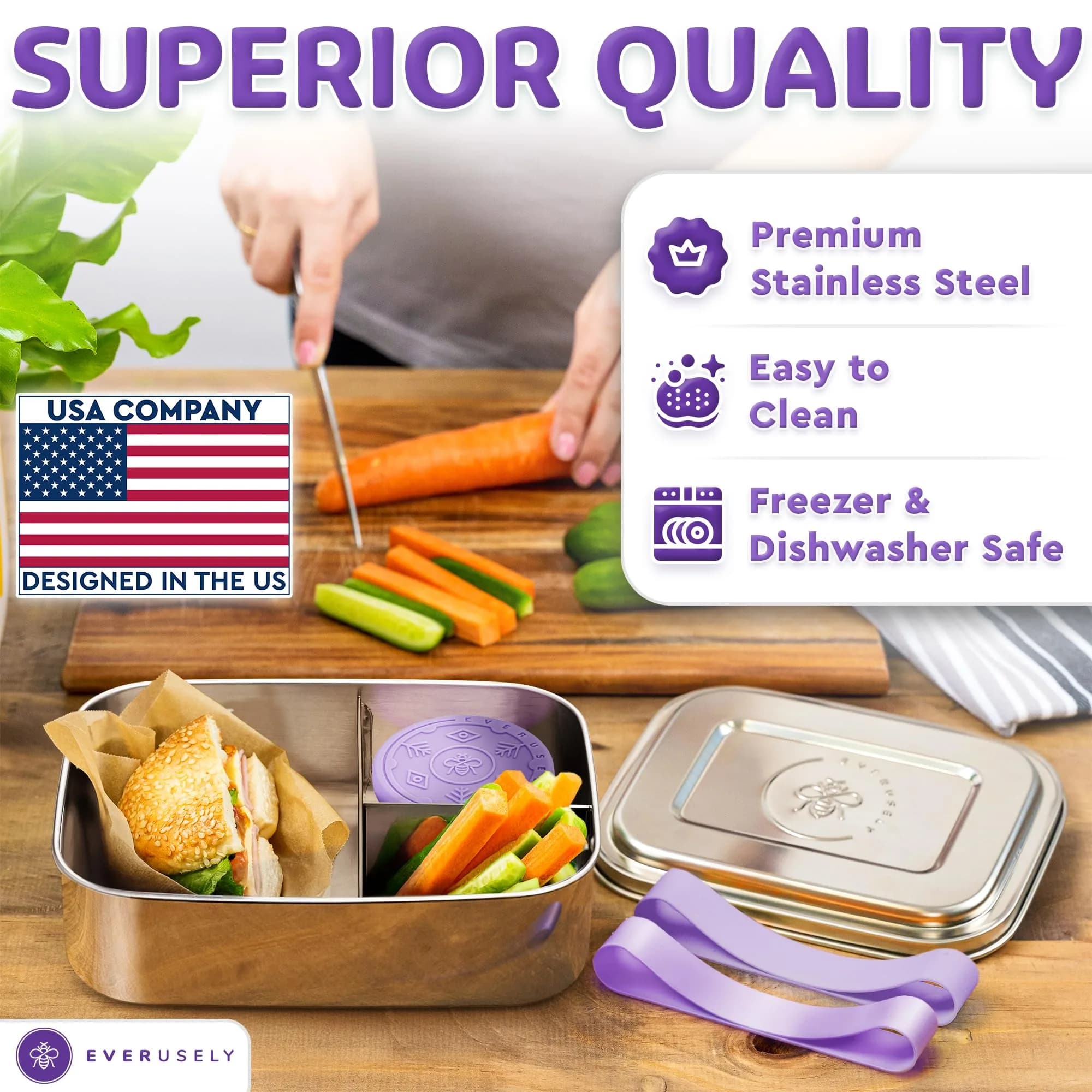 Everseuly Stainless Steel Bento Box with Condiment Container - Lavender, 1.1L (37oz) | Leakproof Compartment Lunch Box for Adults thumbnail 3