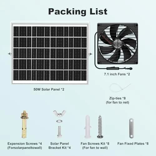 pqins Solar Greenhouse Fan 2 Pack, 7.1" 900 CFM 50W Solar Powered Exhaust Fan with 16.5 ft Cord | Automatic Ventilation for Greenhouses and Coops thumbnail 7