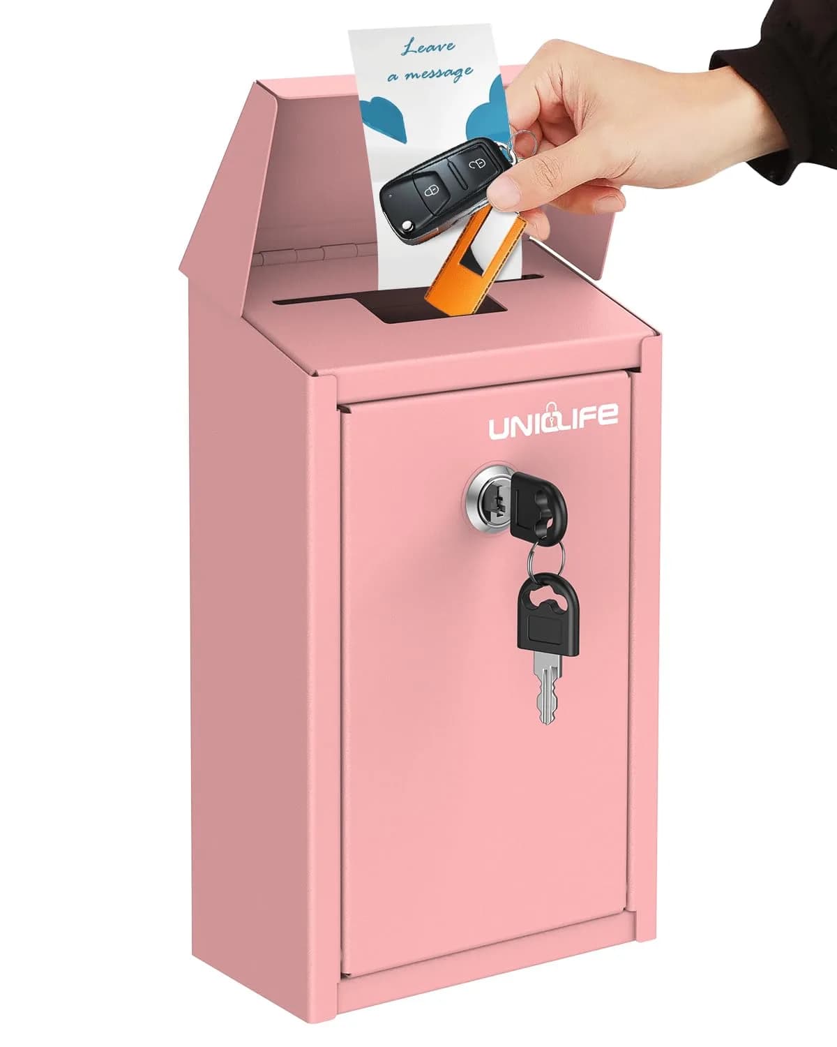 Uniclife Pink Metal Donation Box, Wall Mounted Mailbox for Outside 23.6cm (9.3in) H x 12.9cm (5.1in) W x 7.6cm (3in) D | Secure Key Drop Box for Home Office Business - main product image