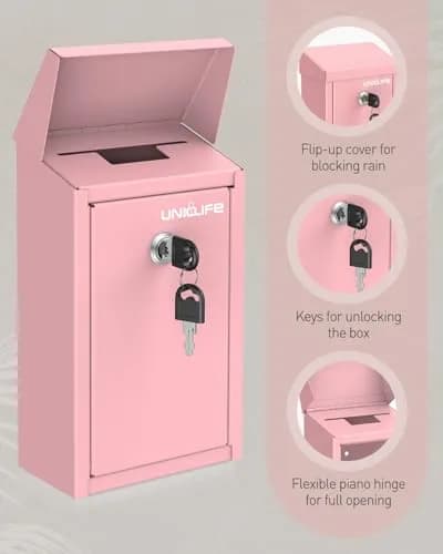 Uniclife Pink Metal Donation Box, Wall Mounted Mailbox for Outside 23.6cm (9.3in) H x 12.9cm (5.1in) W x 7.6cm (3in) D | Secure Key Drop Box for Home Office Business thumbnail 4