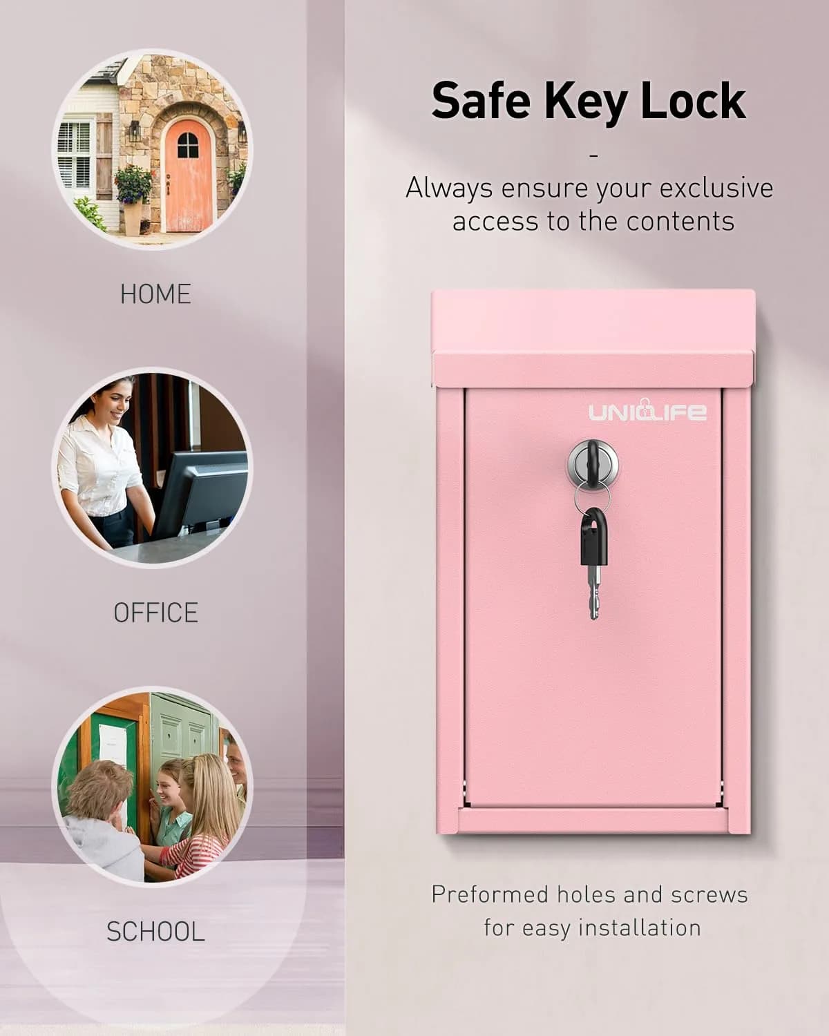 Uniclife Pink Metal Donation Box, Wall Mounted Mailbox for Outside 23.6cm (9.3in) H x 12.9cm (5.1in) W x 7.6cm (3in) D | Secure Key Drop Box for Home Office Business - view 6