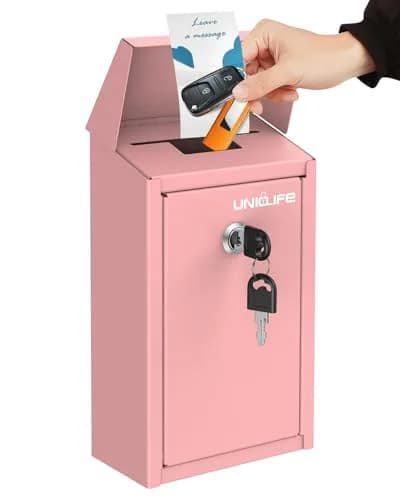 Uniclife Pink Metal Donation Box, Wall Mounted Mailbox for Outside 23.6cm (9.3in) H x 12.9cm (5.1in) W x 7.6cm (3in) D | Secure Key Drop Box for Home Office Business thumbnail 1