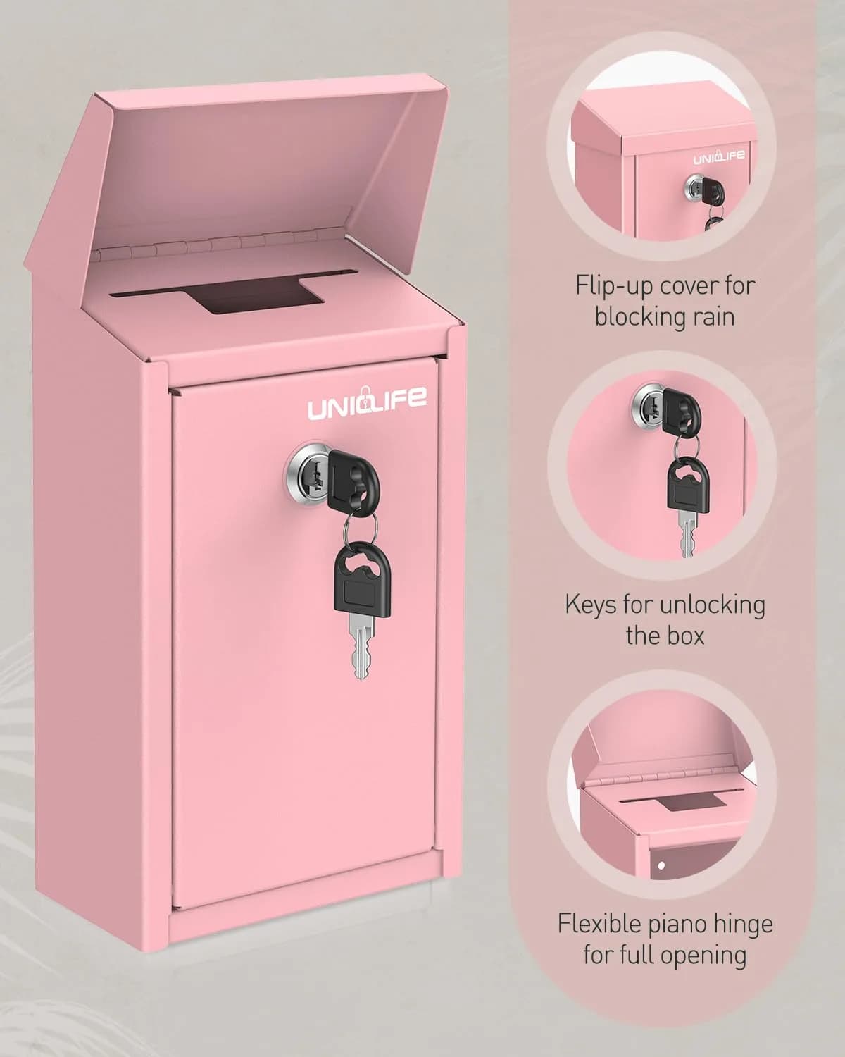 Uniclife Pink Metal Donation Box, Wall Mounted Mailbox for Outside 23.6cm (9.3in) H x 12.9cm (5.1in) W x 7.6cm (3in) D | Secure Key Drop Box for Home Office Business - view 4